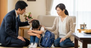 泣く娘をあやす両親