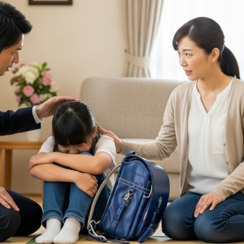 泣く娘をあやす両親